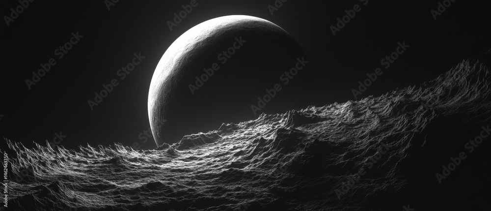 A black and white photo of a moon in the sky above a body of water