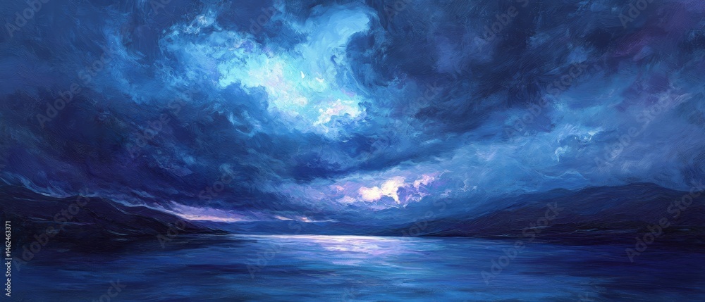 A painting of a stormy night with a large body of water in the foreground