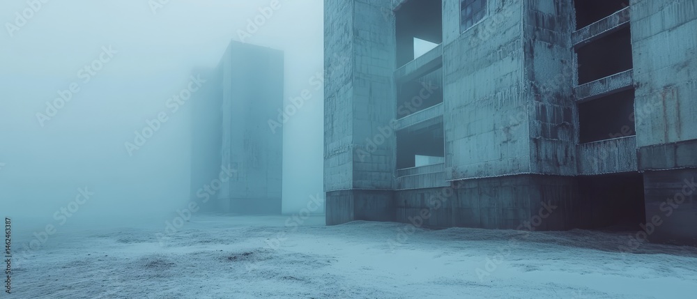 A foggy, desolate scene with a large building in the background
