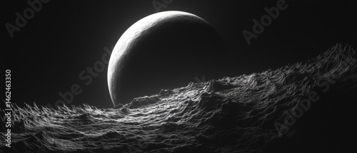 Obraz na płótnie A black and white photo of a moon in the sky above a body of water w salonie