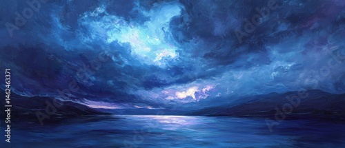 Obraz na płótnie A painting of a stormy night with a large body of water in the foreground w salonie