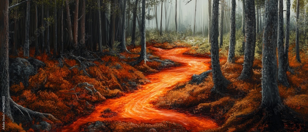 A painting of a forest with a red river running through it