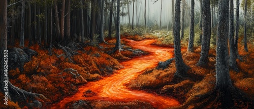 Obraz na płótnie A painting of a forest with a red river running through it w salonie