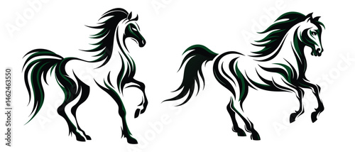 Stylized black horse with green accents, elegant equine design on a white background