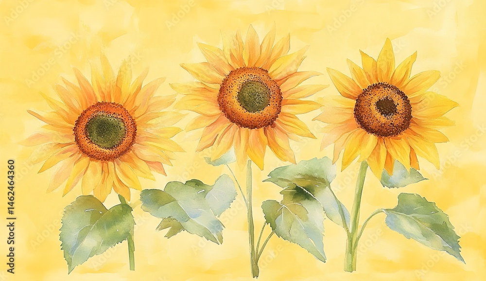 Obraz premium Watercolor Sunflowers on Light Yellow Background