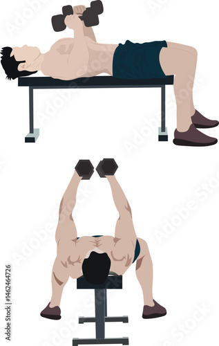 A man doing Dumbbell Bench Press exercise with both hands and showing both positions. Chest exercise flat vector illustration on white background. 