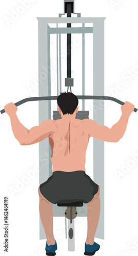 A young fitness man working out with Pull Down Machine. Shoulder Pull Down exercise flat vector illustration. Lat workout.