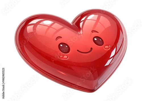 A shiny red heart with a cute cartoon face and a smile on a black background, isolated object