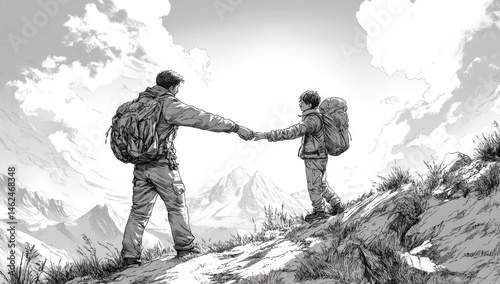 Monochrome Mountain Trek Two Hikers Assisting Each Other Up a Hill Against Cloudy Sky in Sketch Style