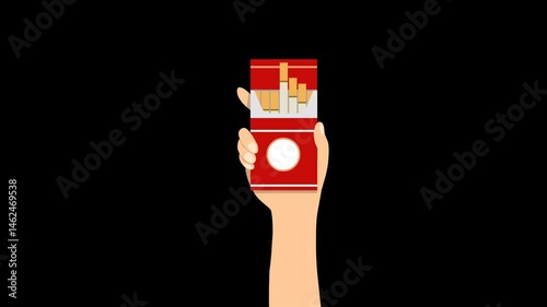 animation of hand holding cigarette box with transparent background