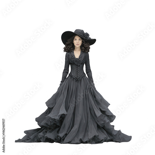 Wallpaper Mural A woman in black gothic dress and large hat poses elegantly on a white background. Torontodigital.ca