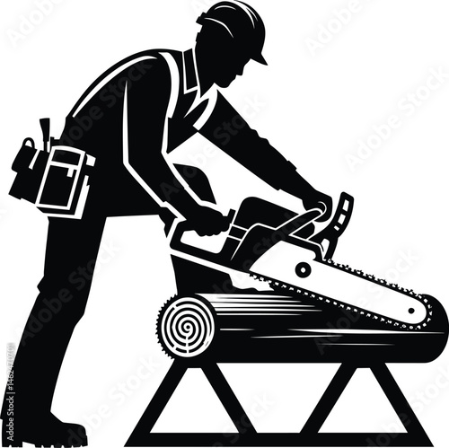 A man cutting wood with a chainsaw silhouette Vector Illustration isolated on a white background