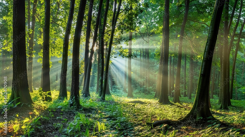 Fototapeta premium Sunbeams pierce the dense forest canopy, illuminating a vibrant