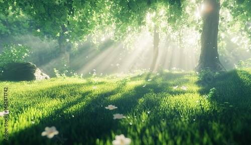 Lush forest floor bathed in sunlight