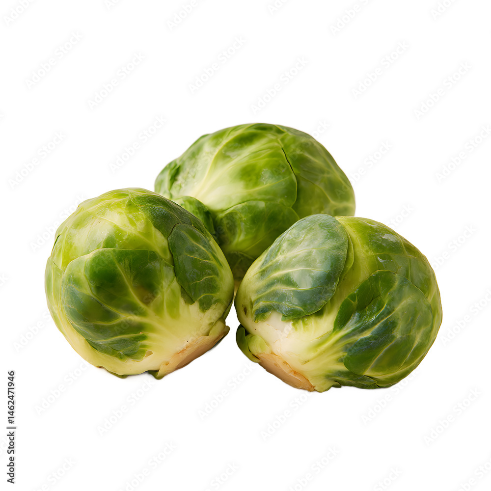 Fototapeta premium Three fresh green brussels sprouts are clustered together against a crisp white background showing their vibrant color and detailed texture perfectly displaying freshness.