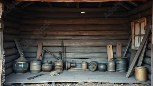 Isolated image of worn barn wood abandoned slave cabin with various antique items