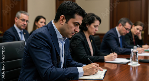 Man in navy blue suit taking notes during formal government committee meeting with colleagues in wood-paneled conference room. Professional documentation moment for political hearings