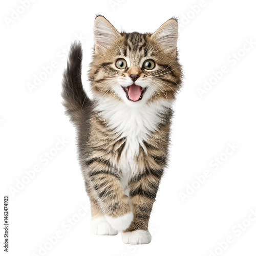 A cute tabby kitten excitedly walks forward with its mouth open on white.