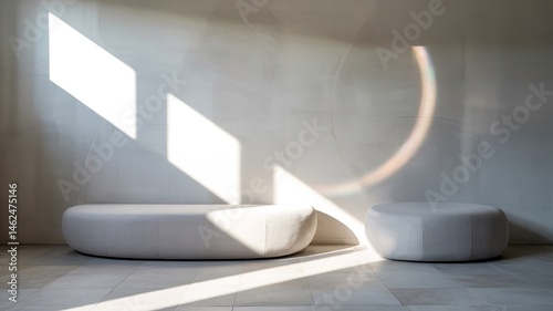 Sunlit Minimalist Interior with Organic Forms Bench and Ottoman