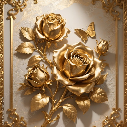 Golden roses relief, 3D wall art,