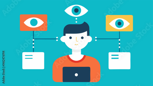 RealTime MultiTasking A splitscreen illustration showing a user managing tasks by switching focus between different applications using eyetracking technology effortlessly.