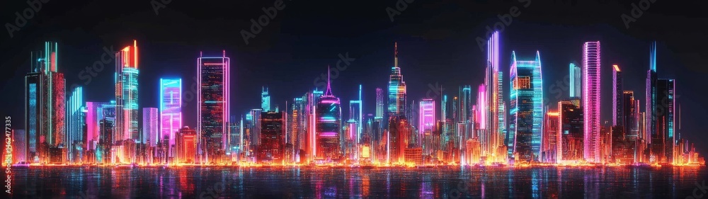 Obraz premium Neon Cityscape Reflection Futuristic Skyline at Night, city lights , modern architecture