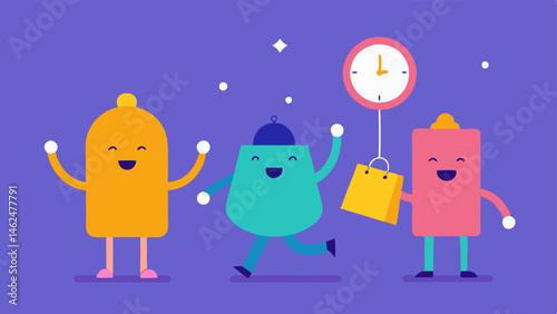 Fun with Time A vibrant scene featuring a clock with its bells vibrating. Below it playful characters in nightwear pajamas slippers excitedly point at a shopping bag indicating