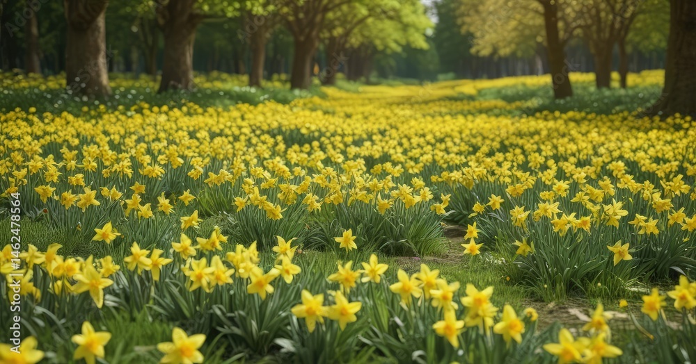Carpet of daffodils, bright yellow blossoms against verdant backdrop, nature, landscape