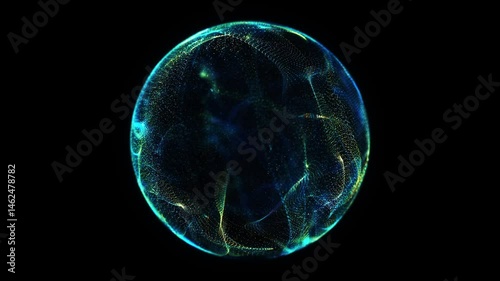 Abstract digital particles flowing on black background. Technology sphere. Abstract concept of artificial intelligence. Big data visualization. 3d rendering. Seamless loop 4K