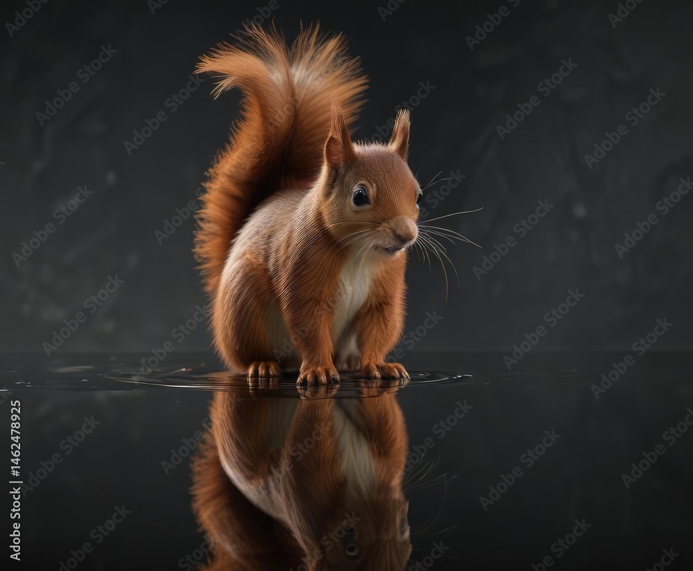 Red squirrel's reflection in a dark polished surface, wildlife photography, symmetry, image