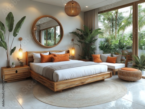 Tropical bedroom interior design, king bed, plants