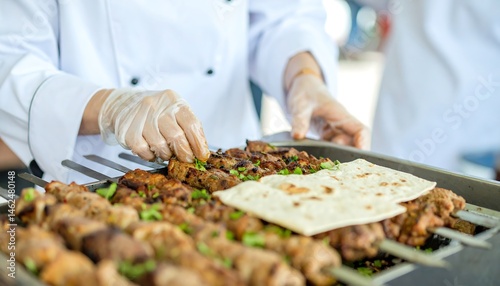 Delicious Grilled Meat Skewers Preparation by Chef in a Catering Event