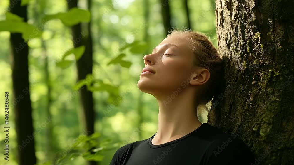 Woman leans gently against a tree trunk, eyes shut, breathing in clean forest air, wind rustling leaves in harmony with her breath