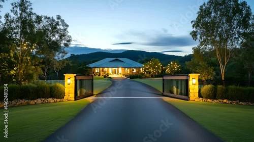 Luxury home barrier with automatic timber gate spans wide entrance, paired with keyless access panel and secure locking mechanism built into stone boundary