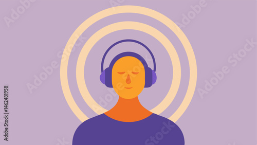 Harmonic Vibration A person in a relaxed position wearing the headset with concentric circles radiating outwards representing harmonious brainwave frequencies.