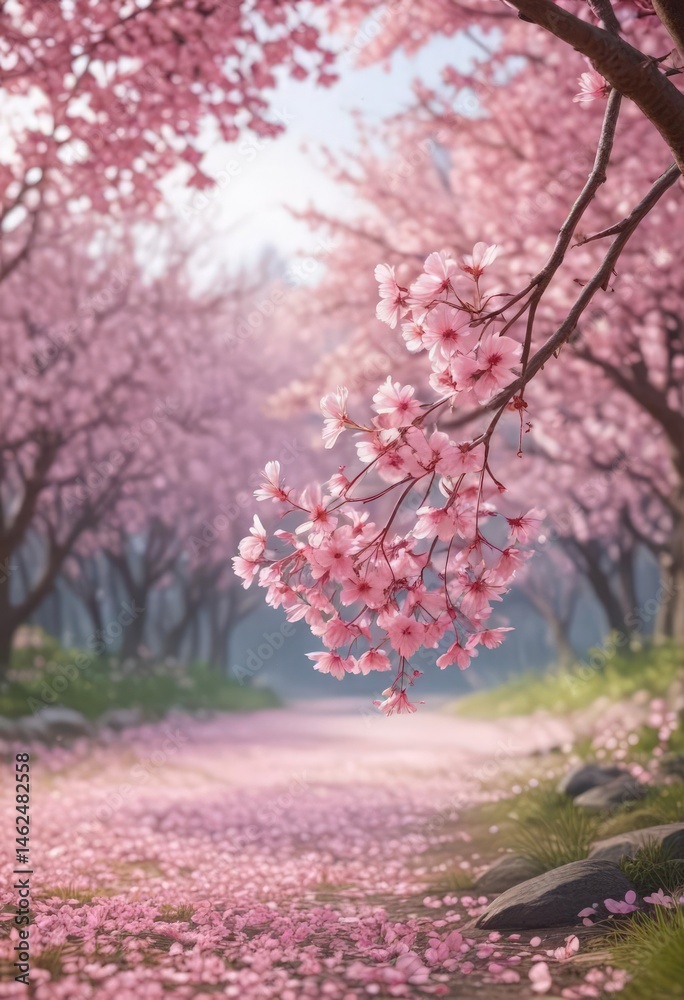 Pink sakura petals in gentle descent, blurred spring landscape , background, pink