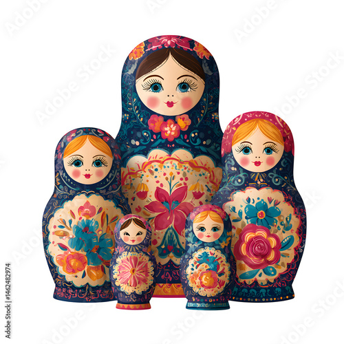 Painted Russian matryoshka doll set nested isolated on transparent background