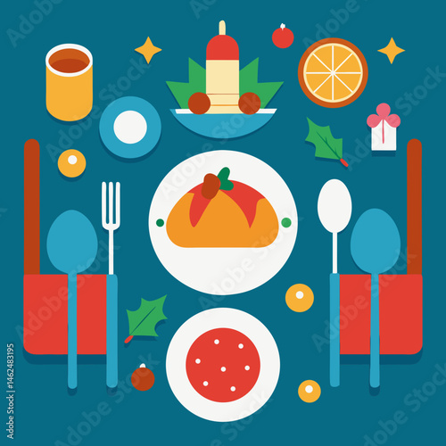 Flat lay of Christmas dinner table
