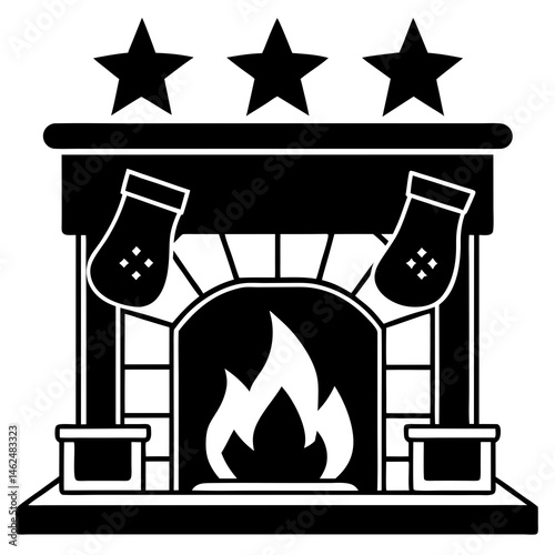 Cozy fireplace with stockings silhouette vector illustration