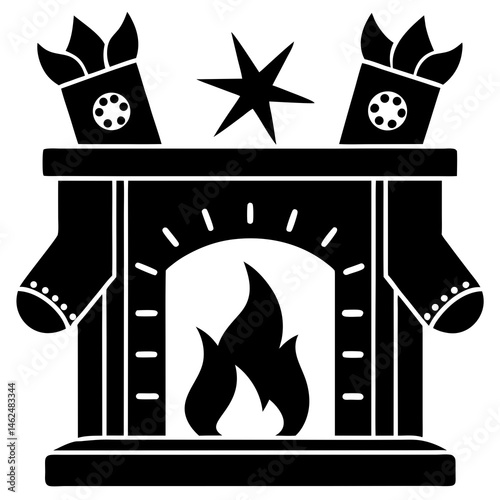 Cozy fireplace with stockings silhouette vector illustration 