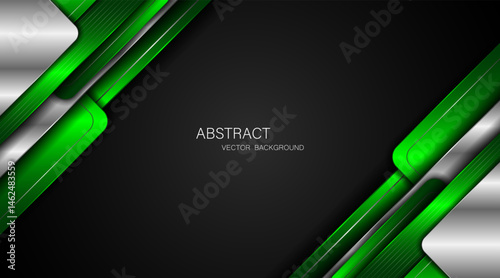 Abstract green and silver polygons on black background with free space for design.	