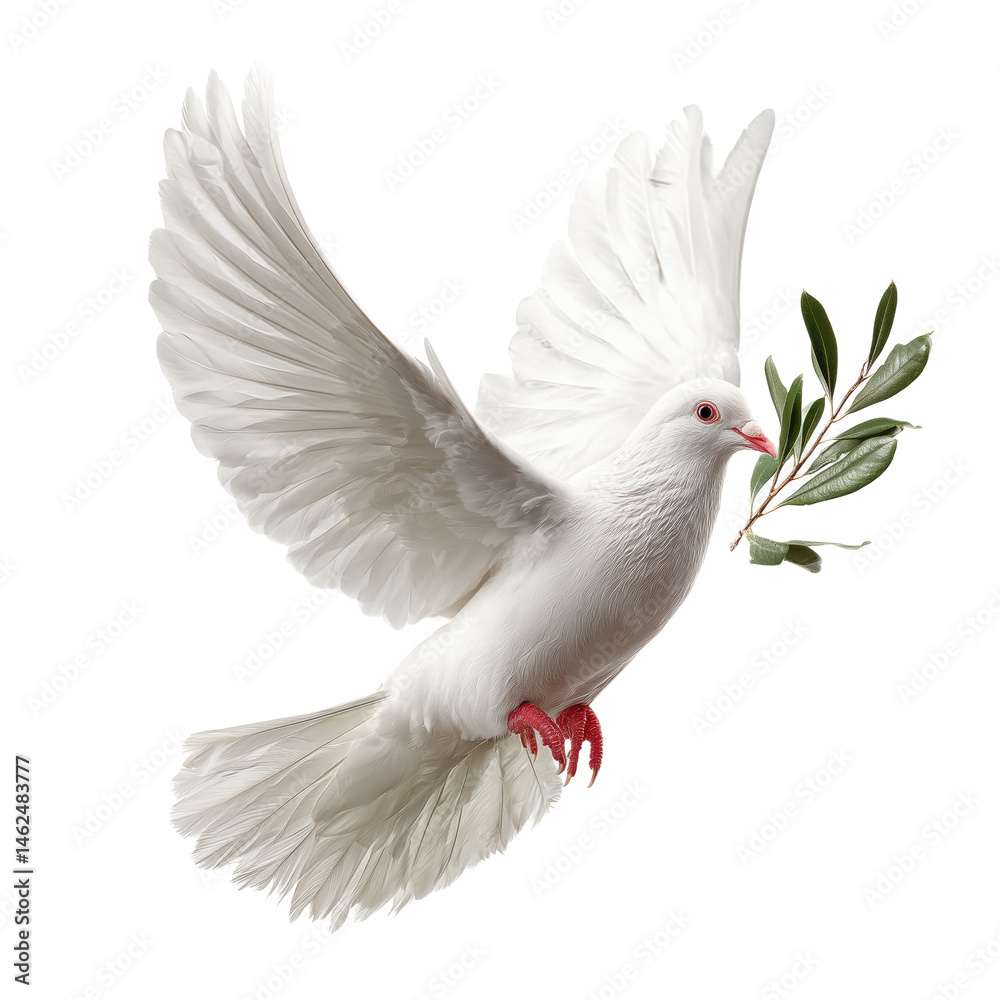 Obraz premium Majestic White Dove in Flight with Olive Branch - A Symbol of Peace , isolated on white background png