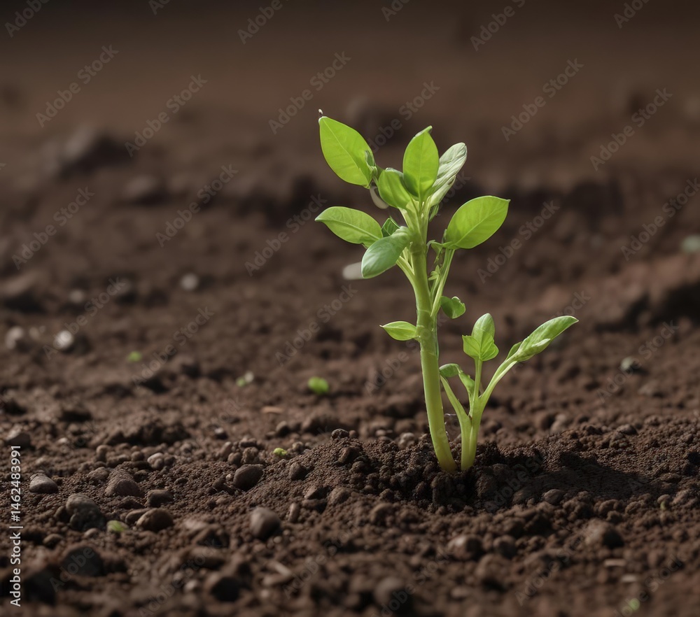 Close-up vibrant green pea sprout emerging from soil, earth, growth, pea