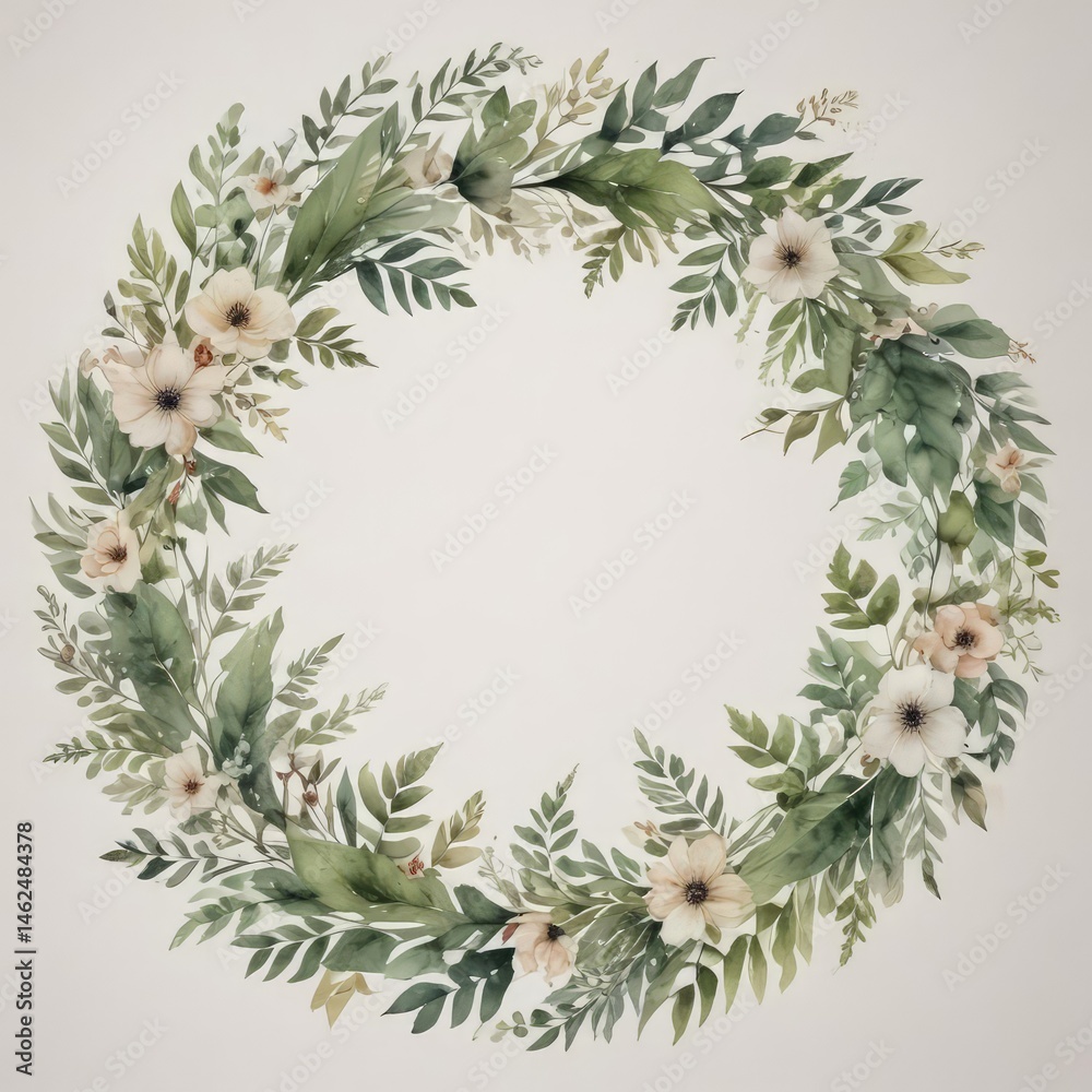 Delicate watercolor floral wreath with lush green leaves, elegant script font , foliage, design, watercolor