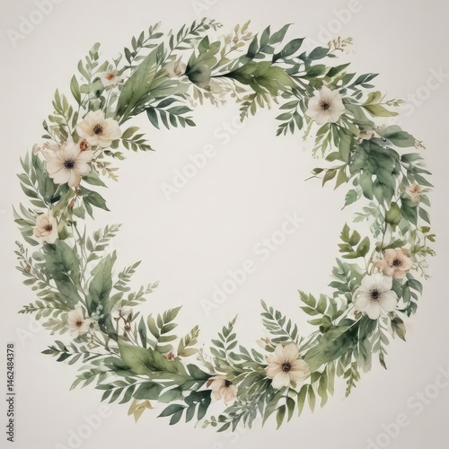 Obraz na płótnie Delicate watercolor floral wreath with lush green leaves, elegant script font , foliage, design, watercolor w salonie