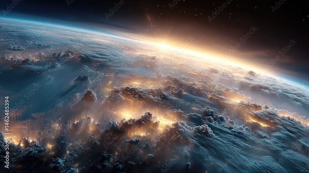 A breathtaking view of Earth from space, showcasing clouds illuminated by a sunrise. A breathtaking view of Earth from space, showcasing clouds illuminated by a sunrise.