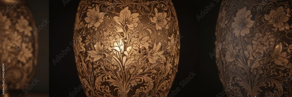 Intricate floral engraving on Edison bulb; glowing softly , etched, still life, creativity
