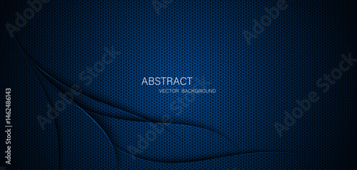 Abstract blue steel mesh background with blue glowing lines with free space for design. Modern technology innovation concept background. Perforated dark blue metal sheet for background image.	