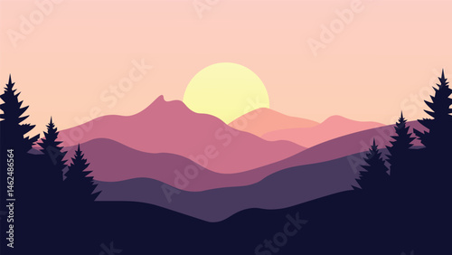Mountain landscape with a dawn. Sunset. Mountainous terrain. Hills silhouette