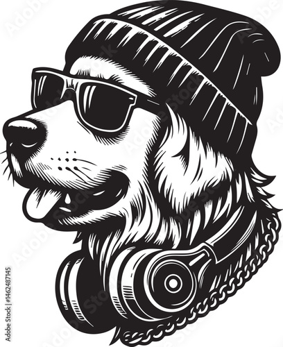 Cool Dog with Headphones, Sunglasses, and Beanie - Black and White Hipster Animal Illustration